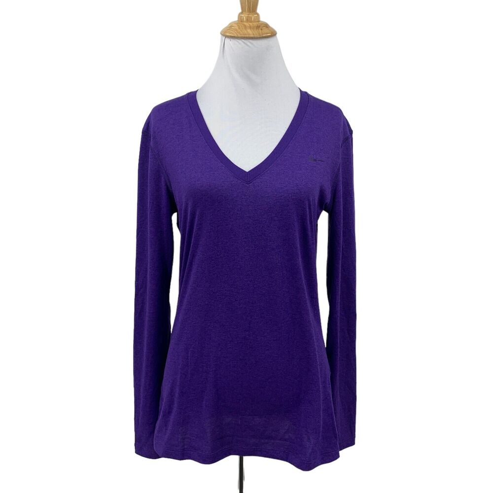 Nike Long Sleeve Athletic Shirt Womens S Small Purple Dri Fit Regular Fit V Neck